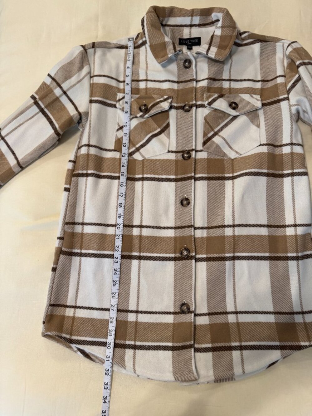 Love Tree Plaid Shacket Coat S Cream Tan Oversized Button Front Jacket - Picture 6 of 10